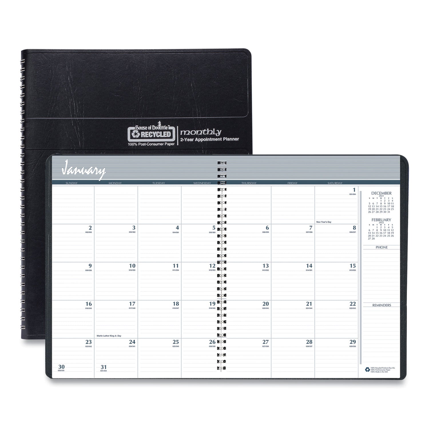 House of Doolittle 24-Month Recycled Ruled Monthly Planner, 11 x 8.5, Black Cover, 24-Month: Jan 2025 to Dec 2026 (262002)