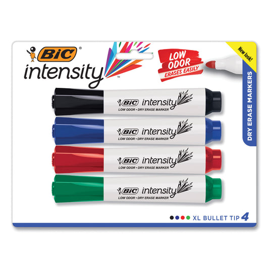 BIC Intensity Bold Tank-Style Dry Erase Marker, Extra-Broad Bullet Tip, Assorted Colors, 4/Set (GDEMP41ASST)