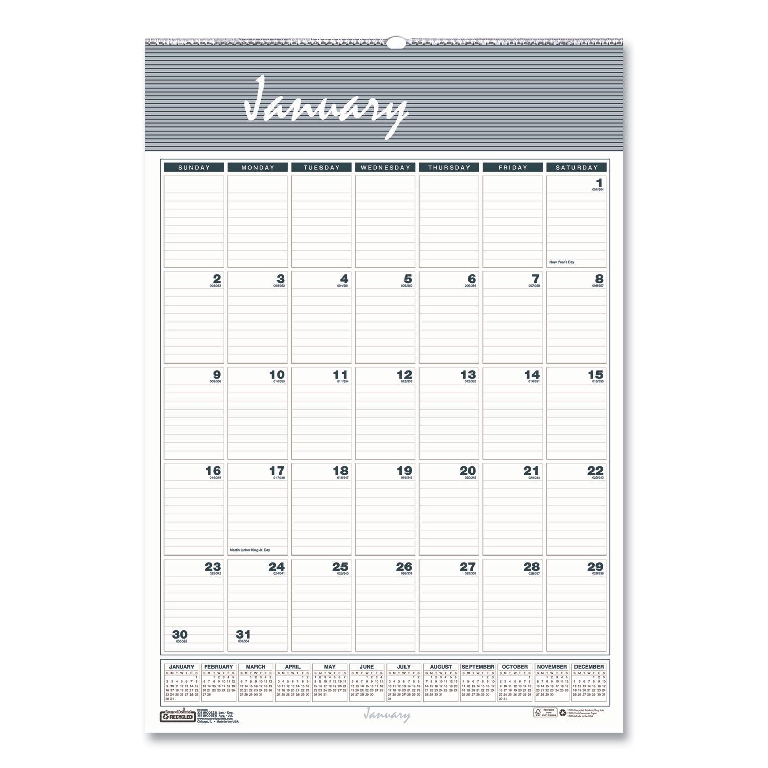 House of Doolittle Bar Harbor Recycled Wirebound Monthly Wall Calendar, 12 x 17, White/Blue/Gray Sheets, 12-Month (Jan-Dec): 2025 (332)