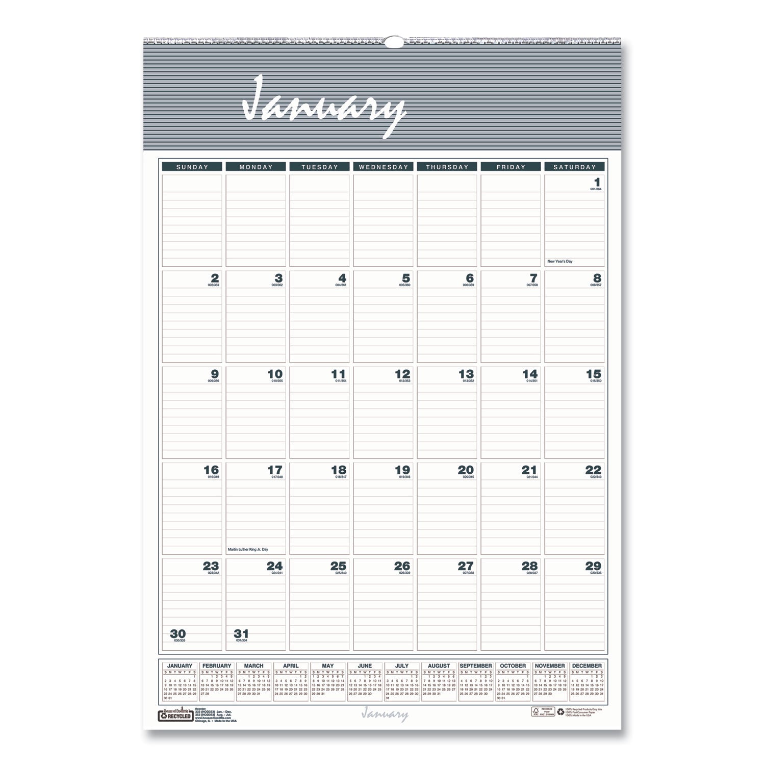 House of Doolittle Bar Harbor Recycled Wirebound Monthly Wall Calendar, 15.5 x 22, White/Blue/Gray Sheets, 12-Month (Jan-Dec): 2025 (333)