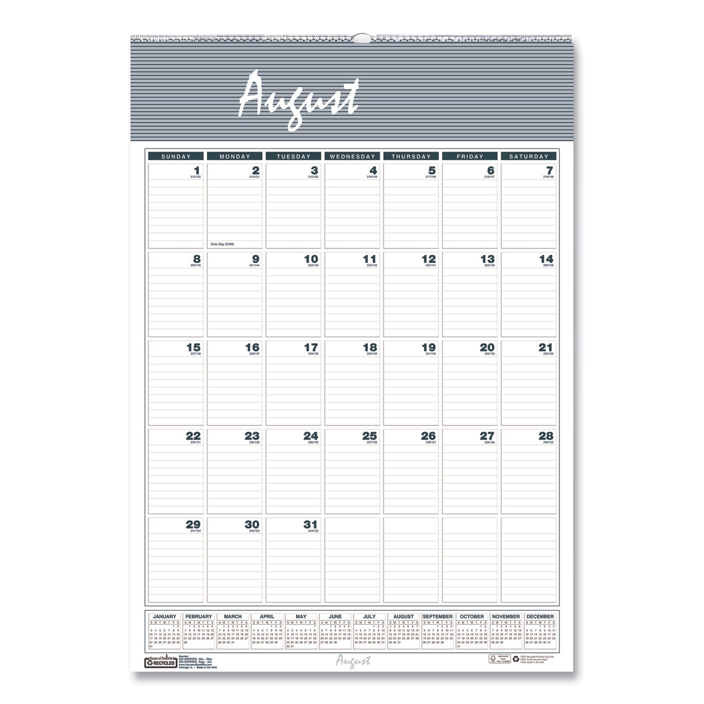 House of Doolittle Academic Year Bar Harbor Recycled Wirebound Monthly Wall Calendar, 12 x 17, White/Blue Sheets, 12-Month (Aug-July): 2024-2025 (352)