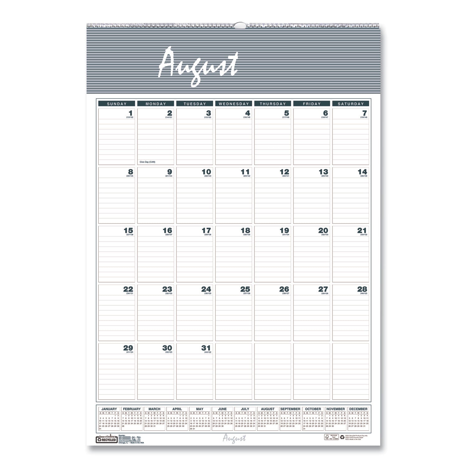 House of Doolittle Academic Year Bar Harbor Recycled Wirebound Monthly Wall Calendar, 12 x 17, White/Blue Sheets, 12-Month (Aug-July): 2024-2025 (352)