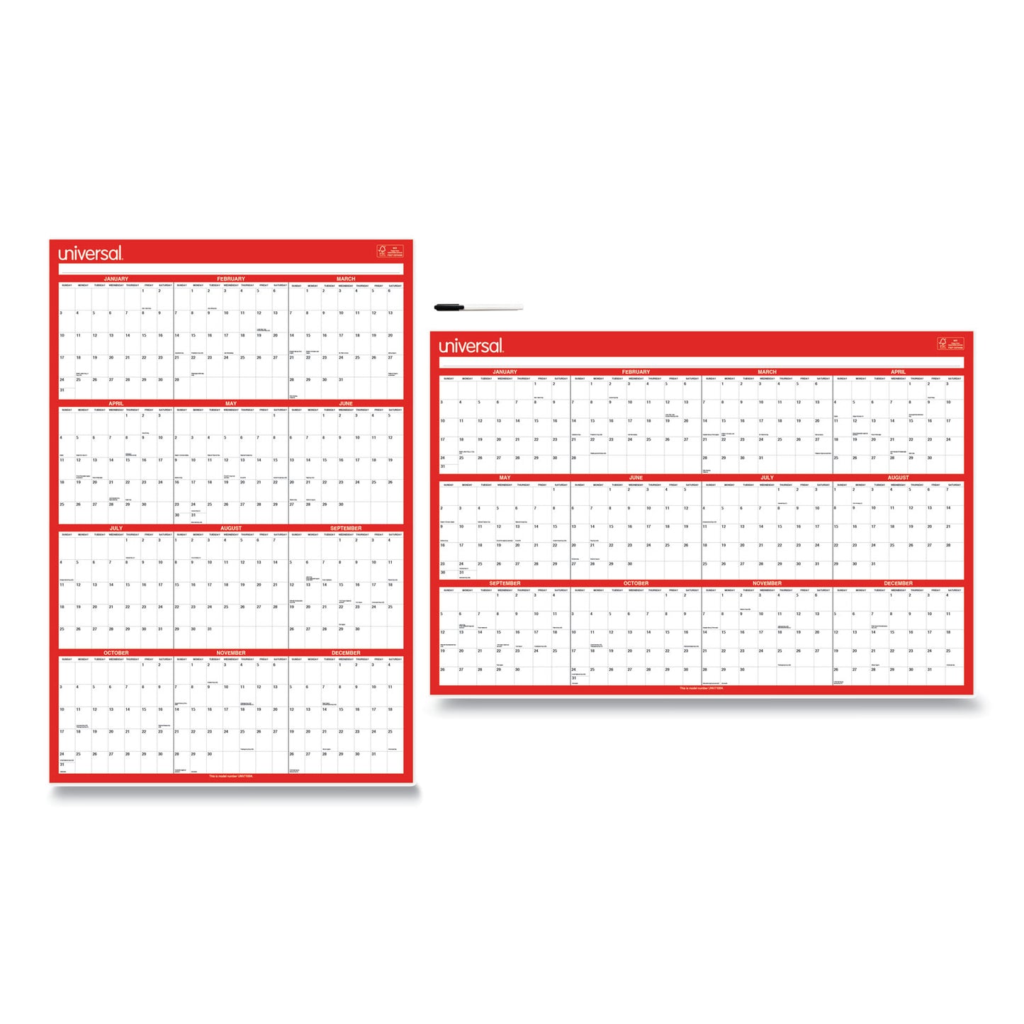 Universal Erasable Wall Calendar, 24 x 36, White/Red Sheets, 12-Month (Jan to Dec): 2025 (71004)