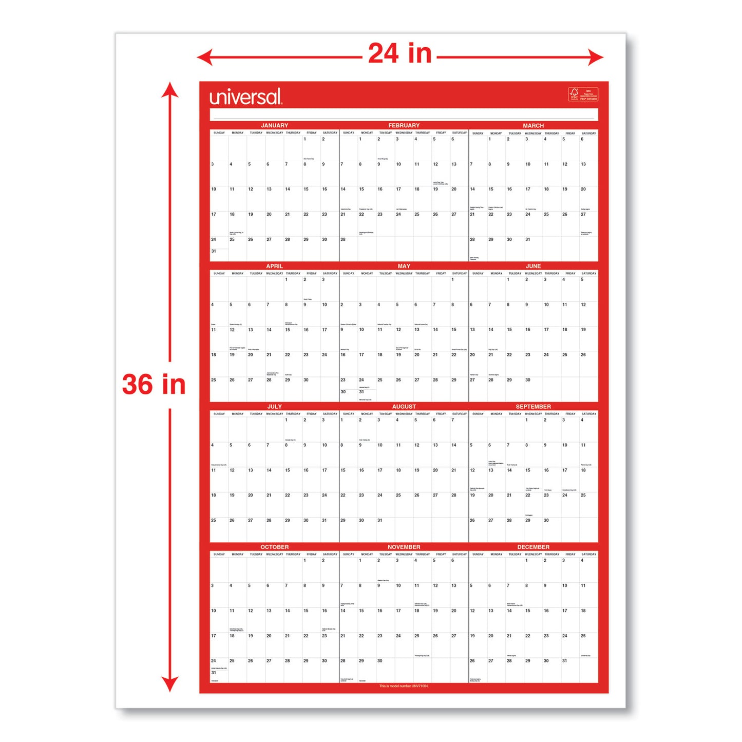 Universal Erasable Wall Calendar, 24 x 36, White/Red Sheets, 12-Month (Jan to Dec): 2025 (71004)