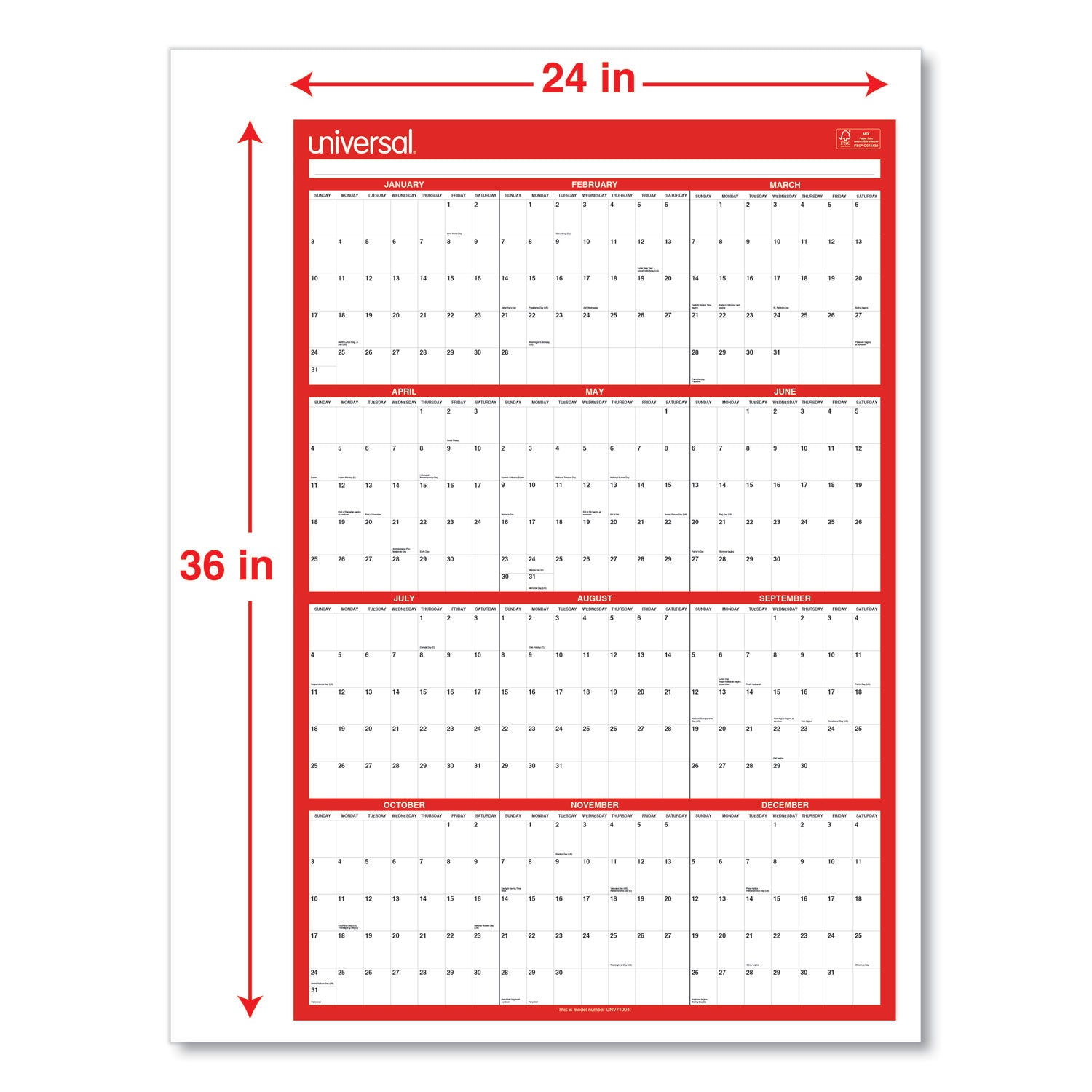 Universal Erasable Wall Calendar, 24 x 36, White/Red Sheets, 12-Month (Jan to Dec): 2025 (71004)