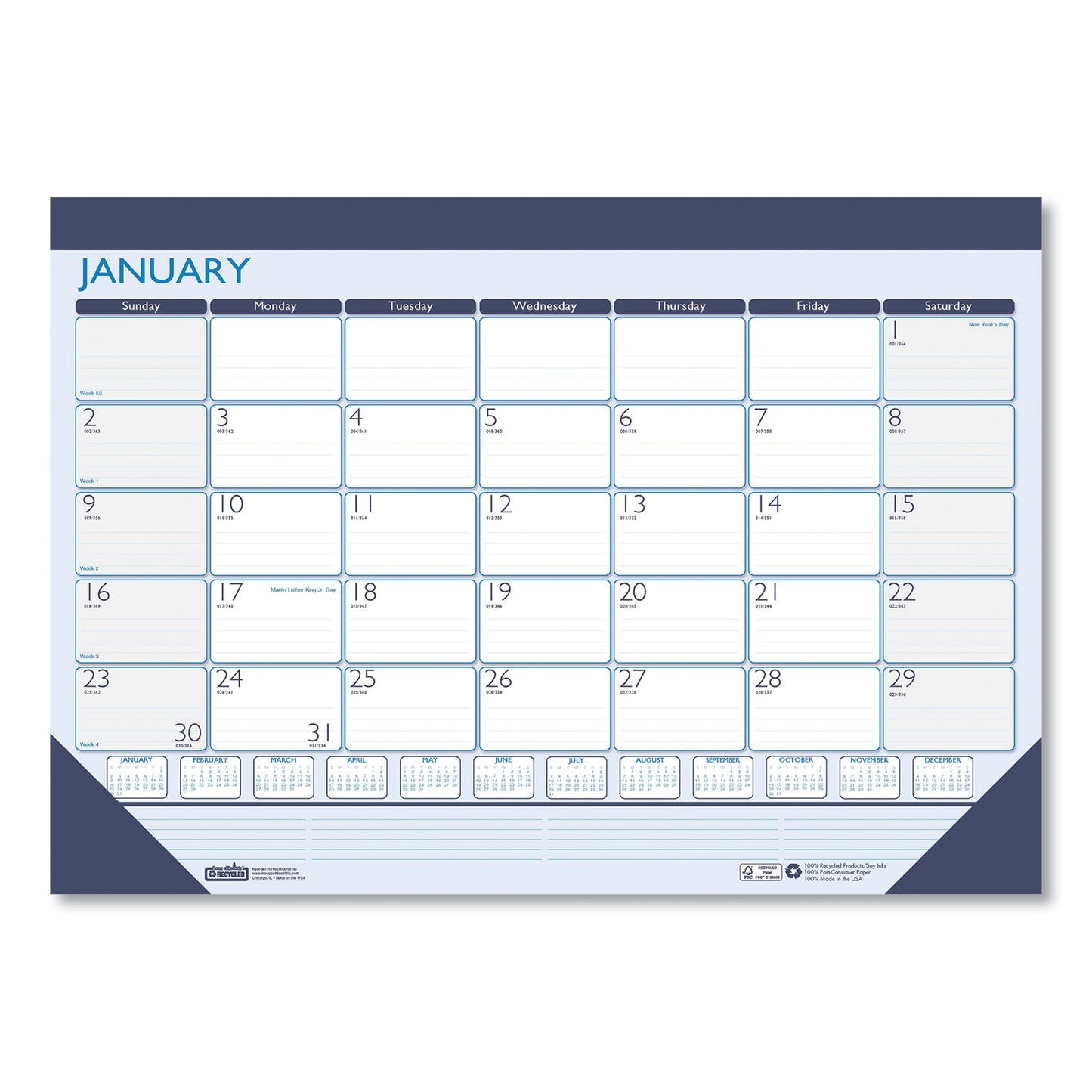 House of Doolittle Recycled Contempo Desk Pad Calendar, 18.5 x 13, White/Blue Sheets, Blue Binding, Blue Corners, 12-Month (Jan to Dec): 2025 (1516)