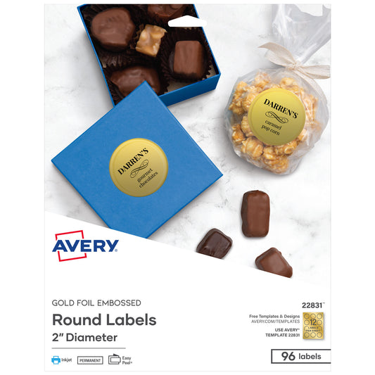 Avery Round Labels, Inkjet Printers, 2" dia, Gold, 12/Sheet, 8 Sheets/Pack (22831)