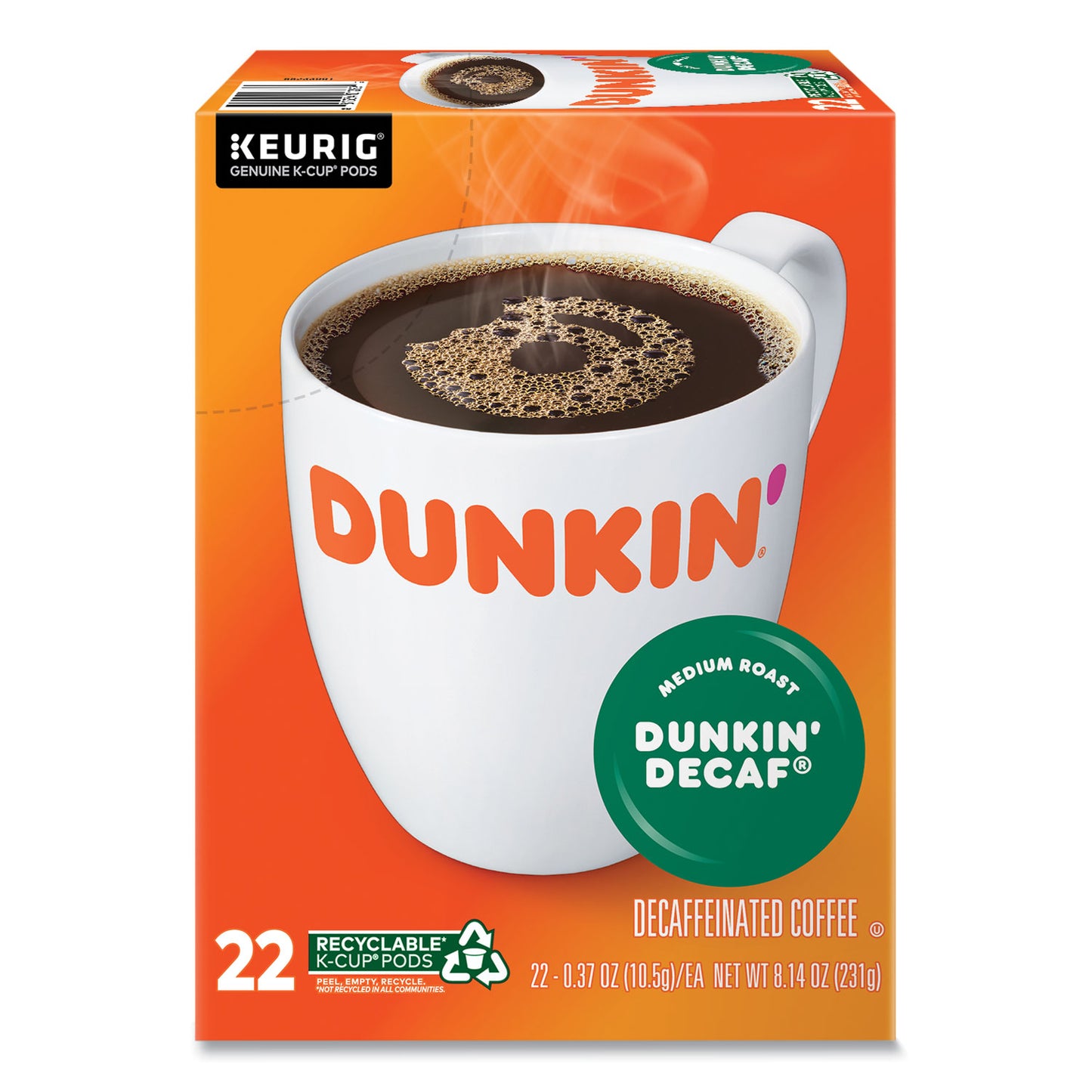 Dunkin Donuts K-Cup Pods, Dunkin' Decaf, 22/Box (1269)