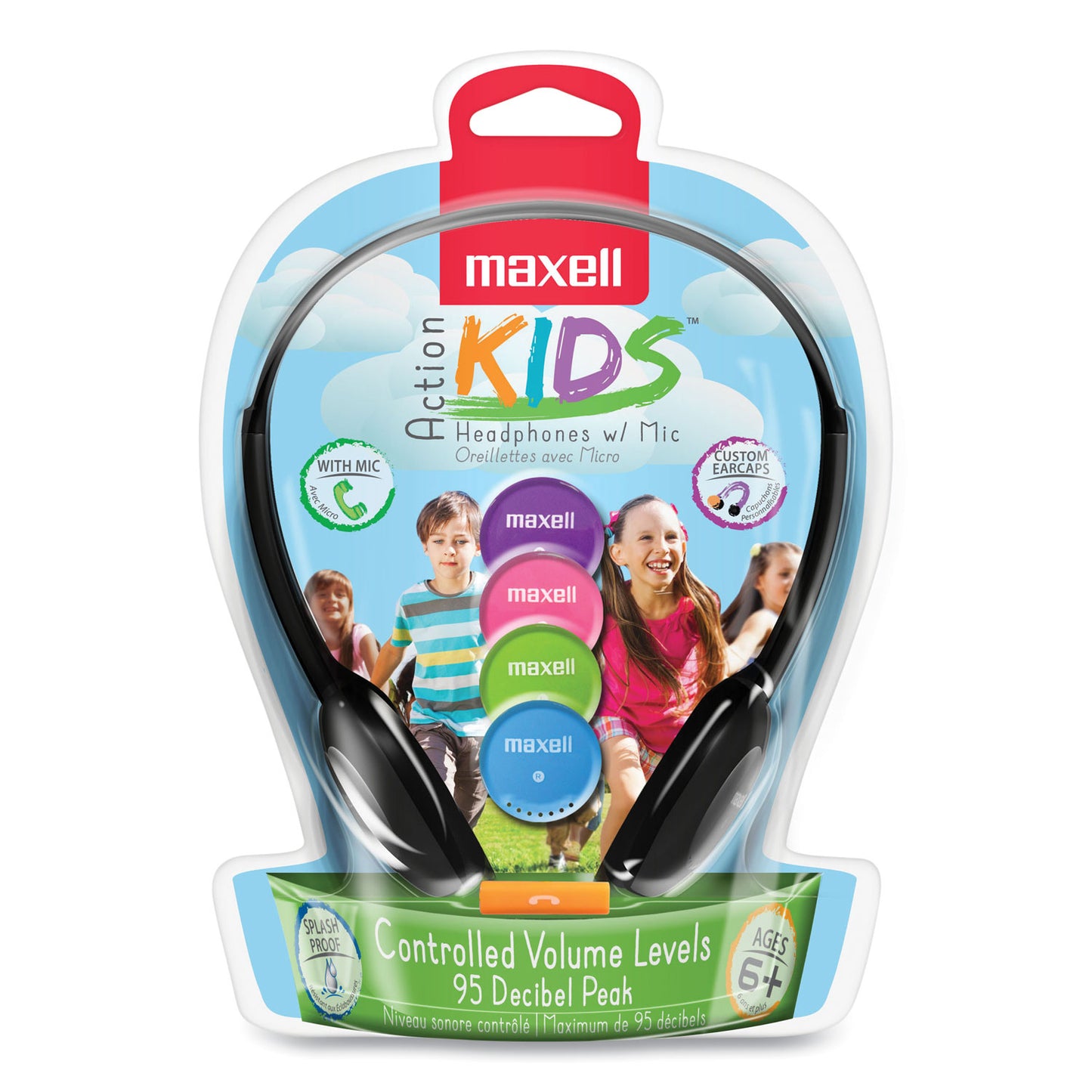 Maxell Kids Safe Headphones with Inline Microphone, 4 ft Cord, Black with Interchangeable Pink/Blue/Silver Caps (195004)