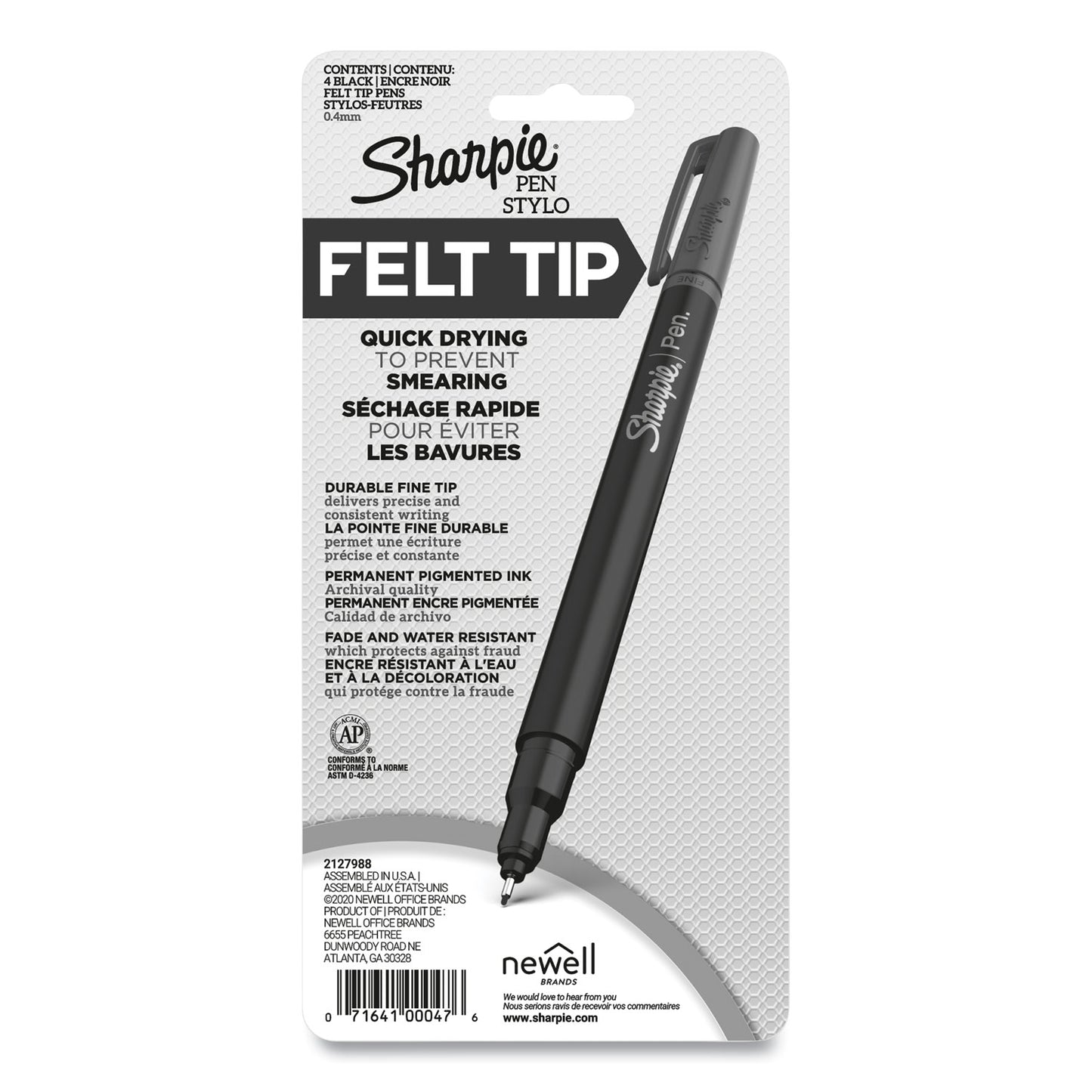 Sharpie Water-Resistant Ink Porous Point Pen, Stick, Fine 0.4 mm, Black Ink, Black Barrel, 4/Pack (1742661)