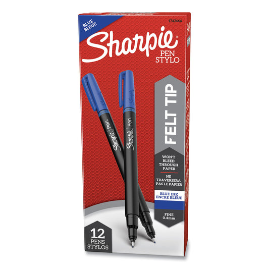 Sharpie Water-Resistant Ink Porous Point Pen, Stick, Fine 0.4 mm, Blue Ink, Black/Blue Barrel, Dozen (1742664)