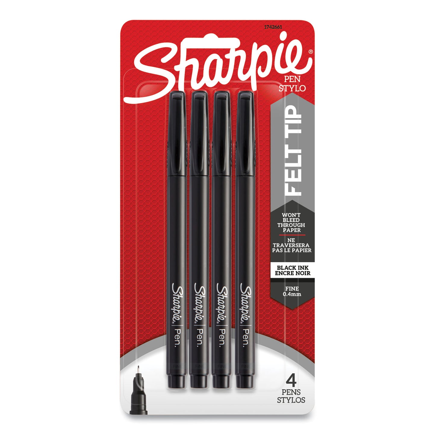 Sharpie Water-Resistant Ink Porous Point Pen, Stick, Fine 0.4 mm, Black Ink, Black Barrel, 4/Pack (1742661)