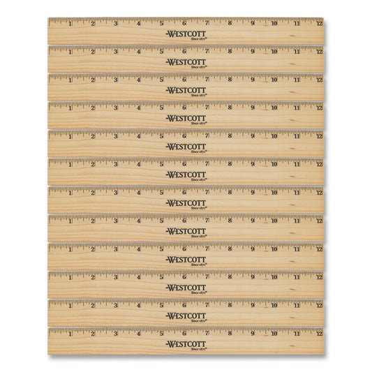 Westcott Beveled Wood Ruler, Standard, 12" Long, Natural Hardwood, 12/Pack (17720)