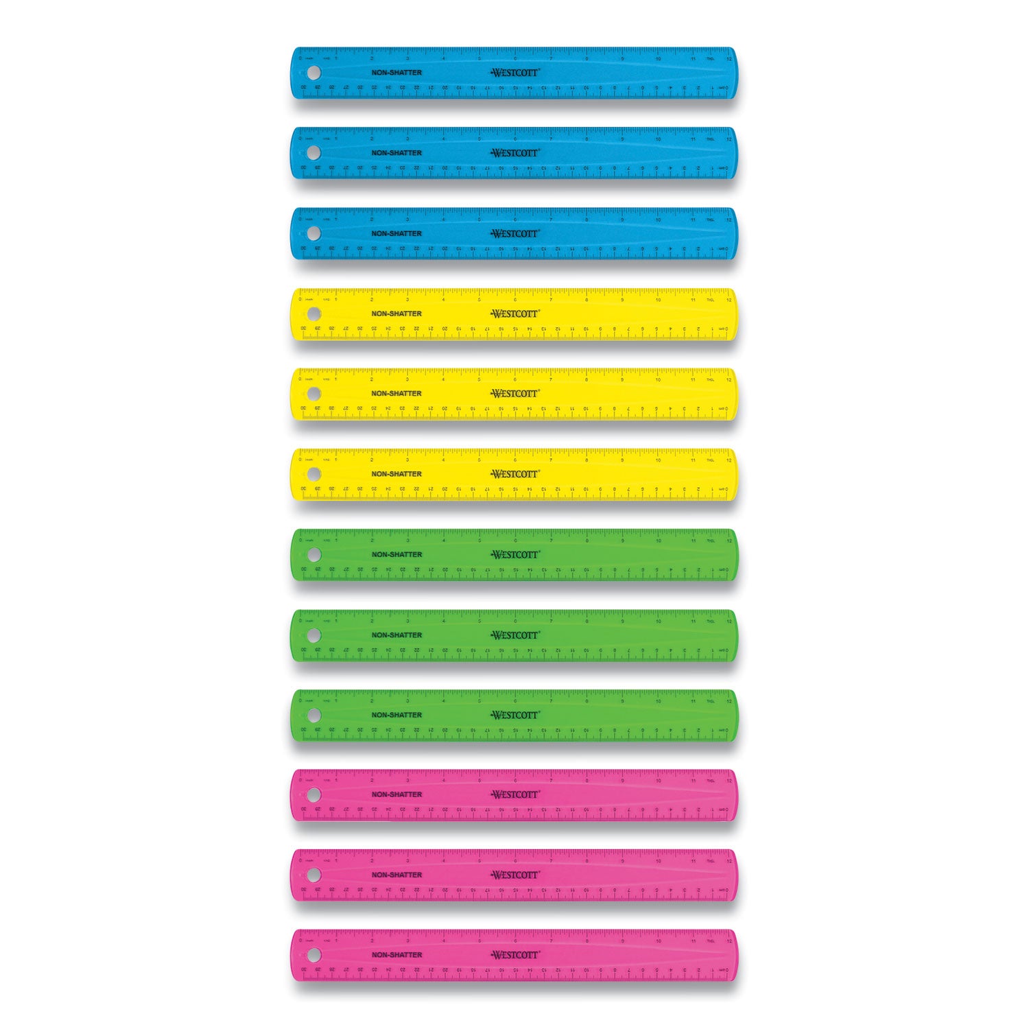 Westcott Non-Shatter Flexible Ruler, Standard/Metric, 12" (30 cm) Long, Plastic, Assorted Translucent Colors, 12/Box (17721)