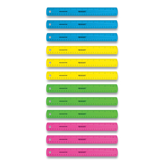 Westcott Non-Shatter Flexible Ruler, Standard/Metric, 12" (30 cm) Long, Plastic, Assorted Translucent Colors, 12/Box (17721)