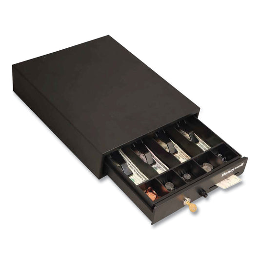 Honeywell Space-Saving Steel Cash Drawer, 4 Bill, 5 Coin Slots, Key Lock, 17 x 13 x 4, Black (6313)