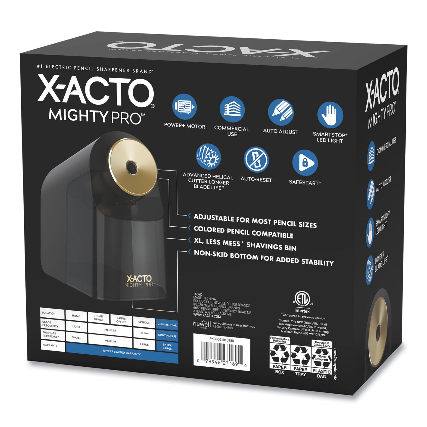 X-ACTO Model 1606 Mighty Pro Electric Pencil Sharpener, AC-Powered, 4 x 8 x 7.5, Black/Gold/Smoke (1606X)