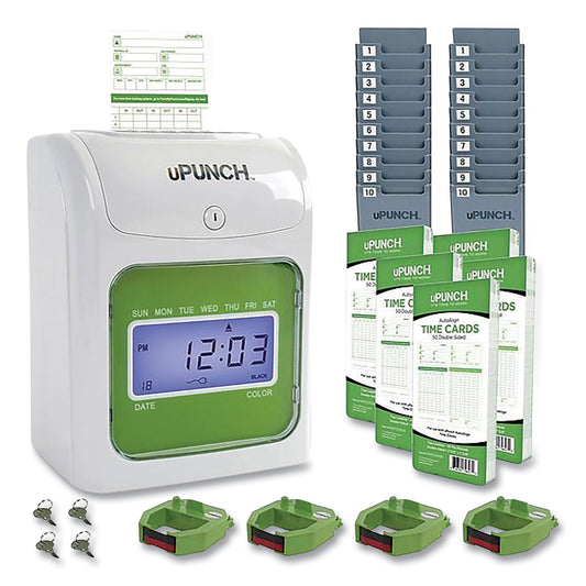 uPunch UB1000 Electronic Non-Calculating Time Clock Bundle, LCD Display, Beige/Green