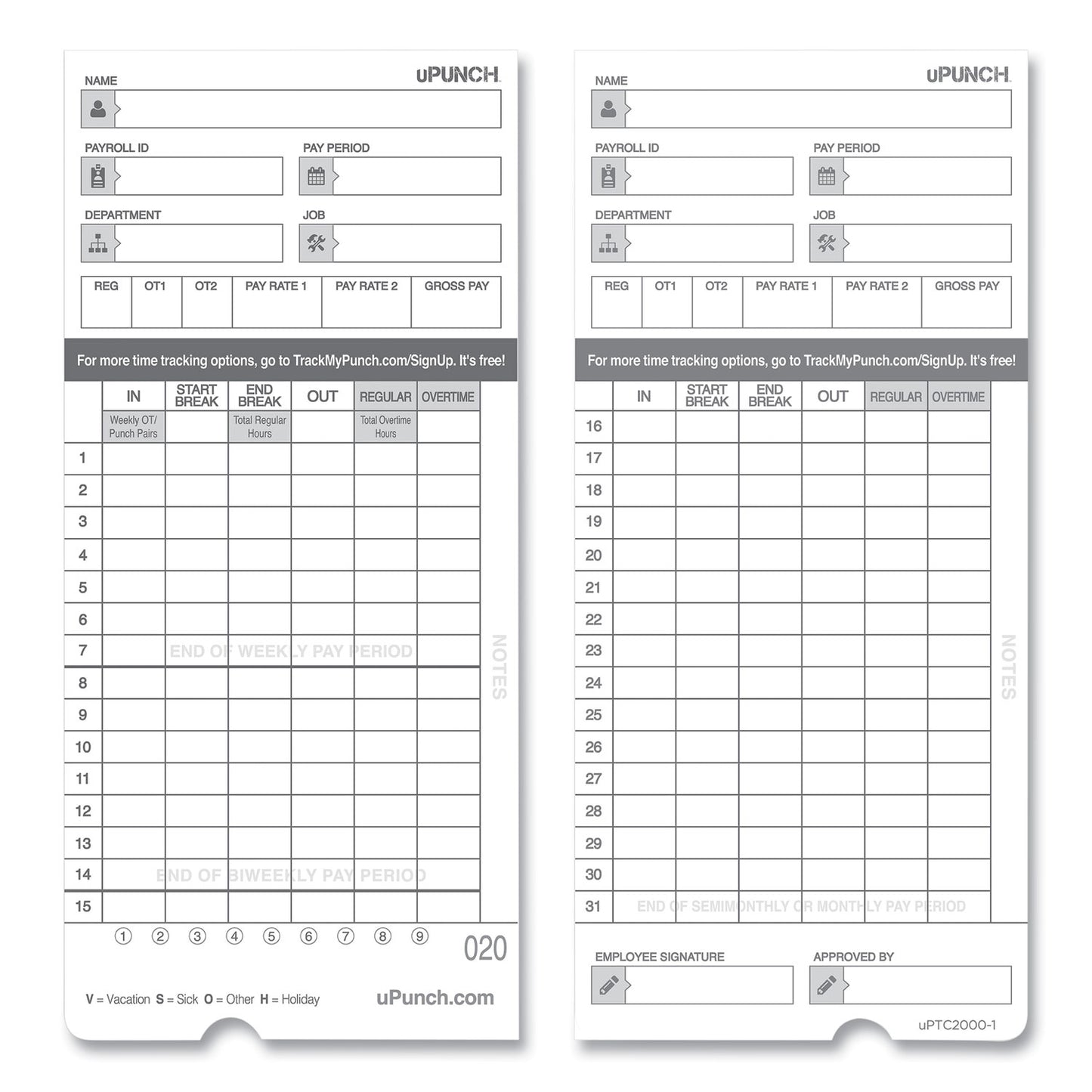Time Clock Cards for uPunch HN4000, Two Sides, 7.37 x 3.37, 50/Pack (HNTCL2050)