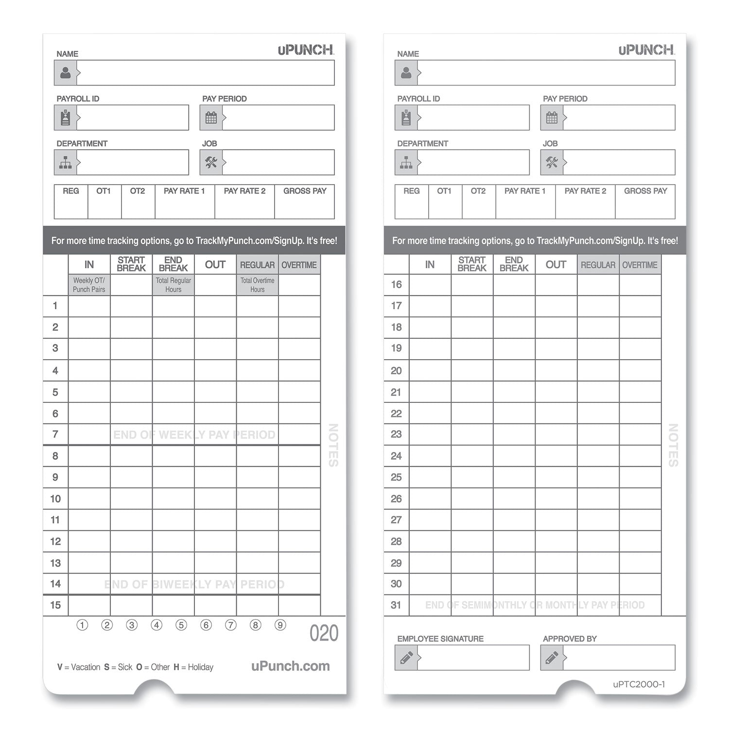 Time Clock Cards for uPunch HN4000, Two Sides, 7.37 x 3.37, 50/Pack (HNTCL2050)