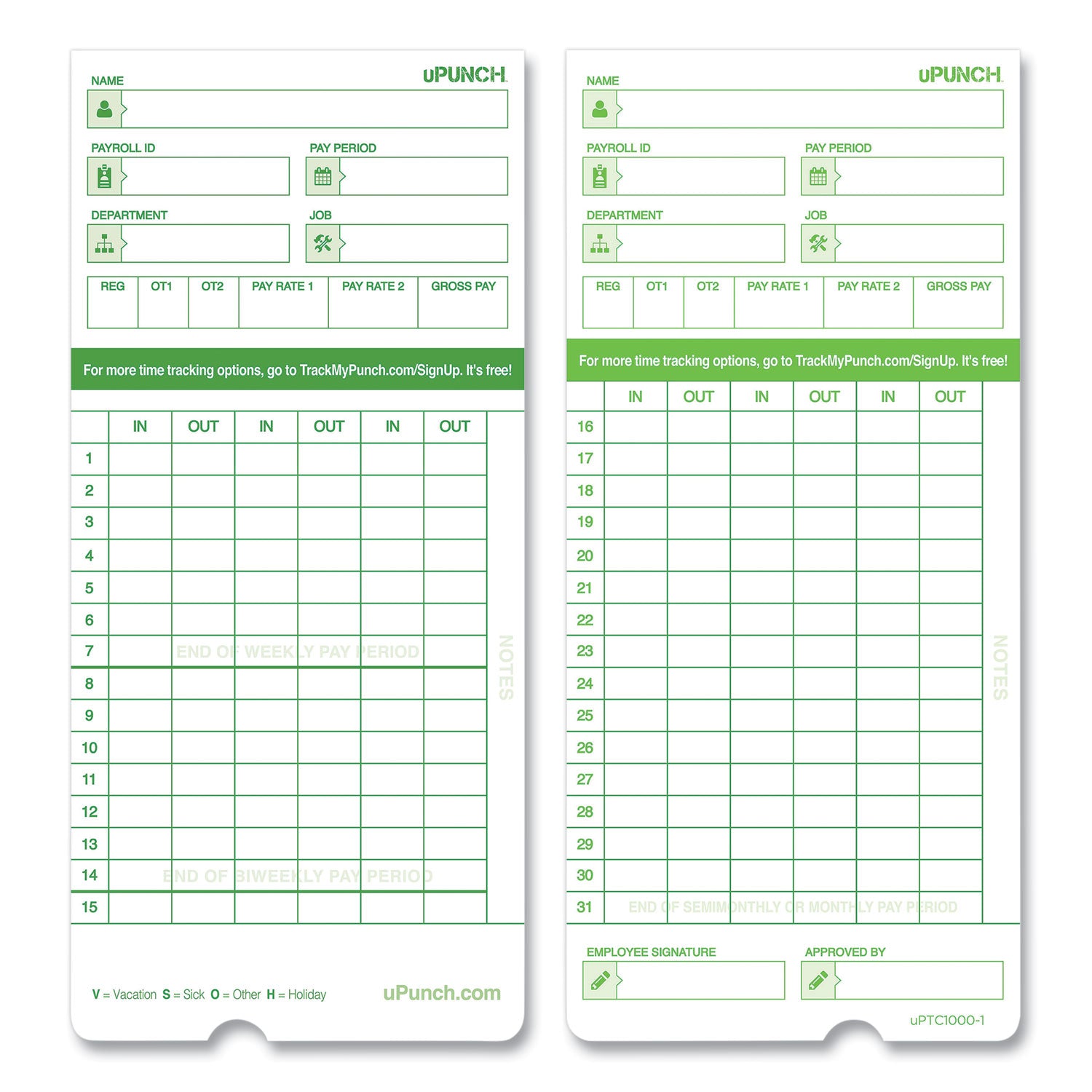 Time Clock Cards for uPunch HN3000, Two Sides, 7.37 x 3.37, 50/Pack (HNTCG1050)