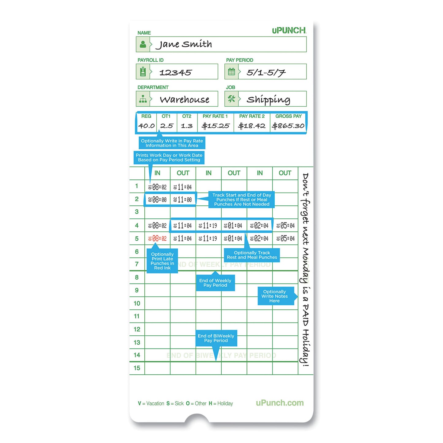 Time Clock Cards for uPunch HN3000, Two Sides, 7.37 x 3.37, 50/Pack (HNTCG1050)