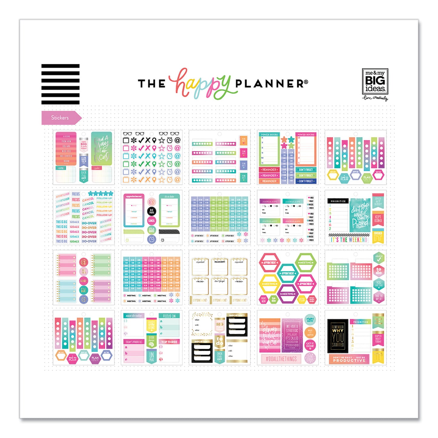 The Happy Planner Productivity Multi Accessory Pack, 20 Double-Sided Pre-Punched Cards, 20 Half-Sheet Stickers, 3 Sticky Note Pads (PLMP02)