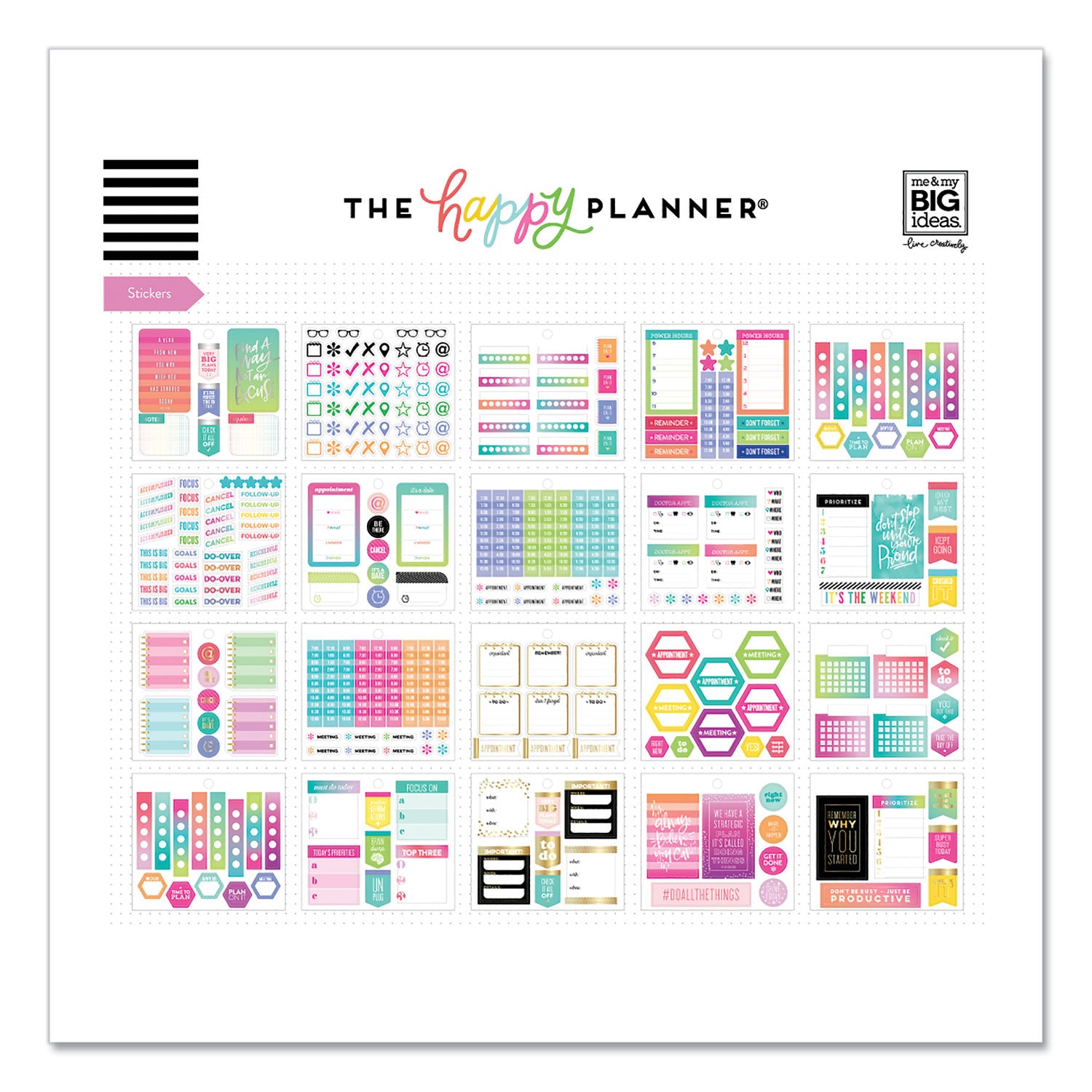 The Happy Planner Productivity Multi Accessory Pack, 20 Double-Sided Pre-Punched Cards, 20 Half-Sheet Stickers, 3 Sticky Note Pads (PLMP02)