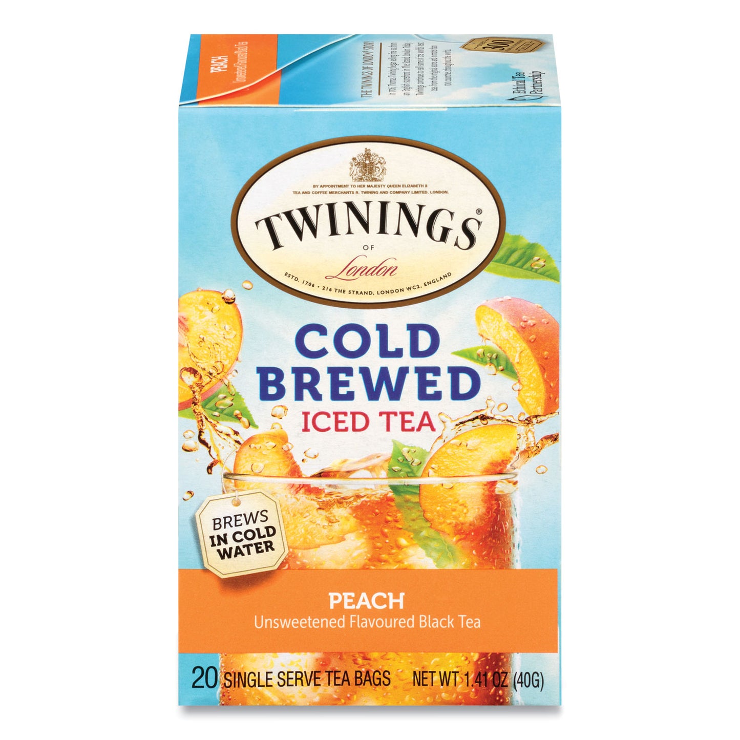 TWININGS Cold Brew Iced Tea Bags, Peach, 0.07 oz Tea Bag, 20/Box (51816)