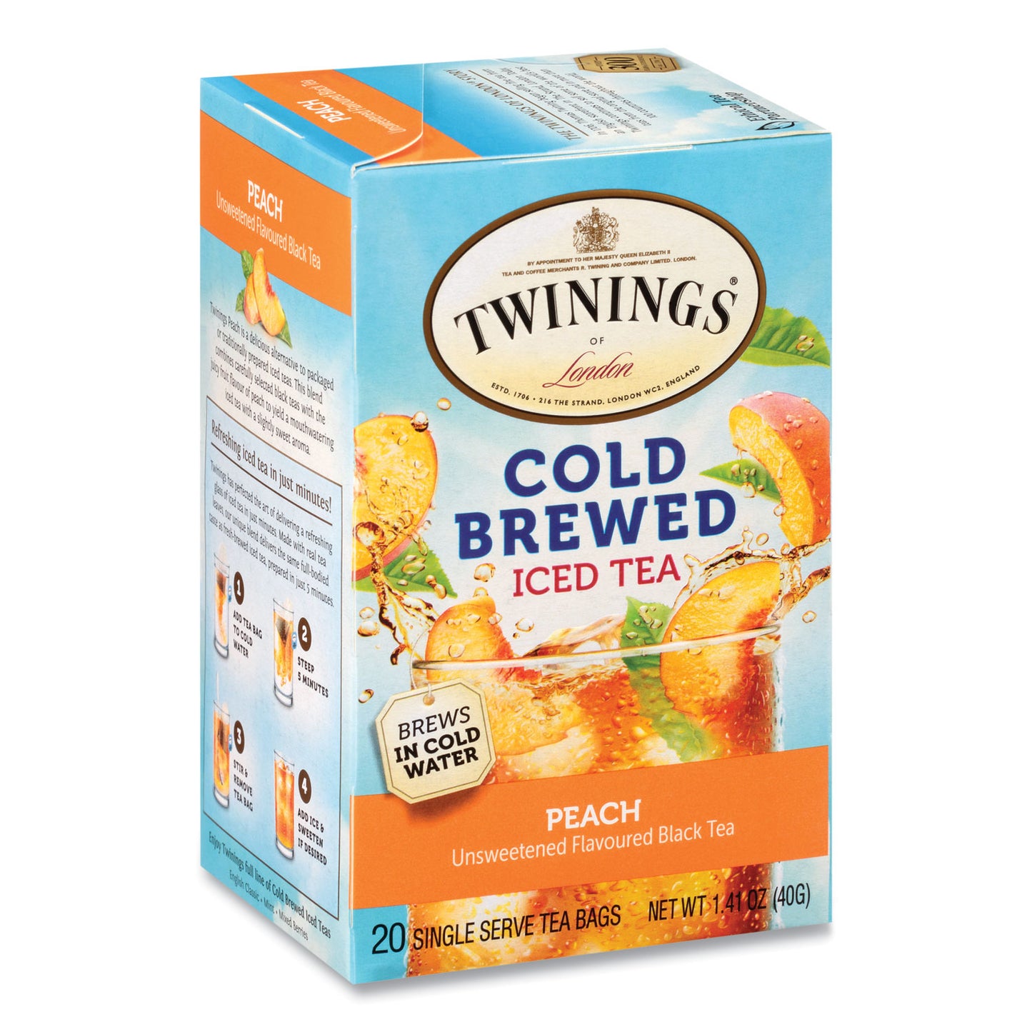 TWININGS Cold Brew Iced Tea Bags, Peach, 0.07 oz Tea Bag, 20/Box (51816)