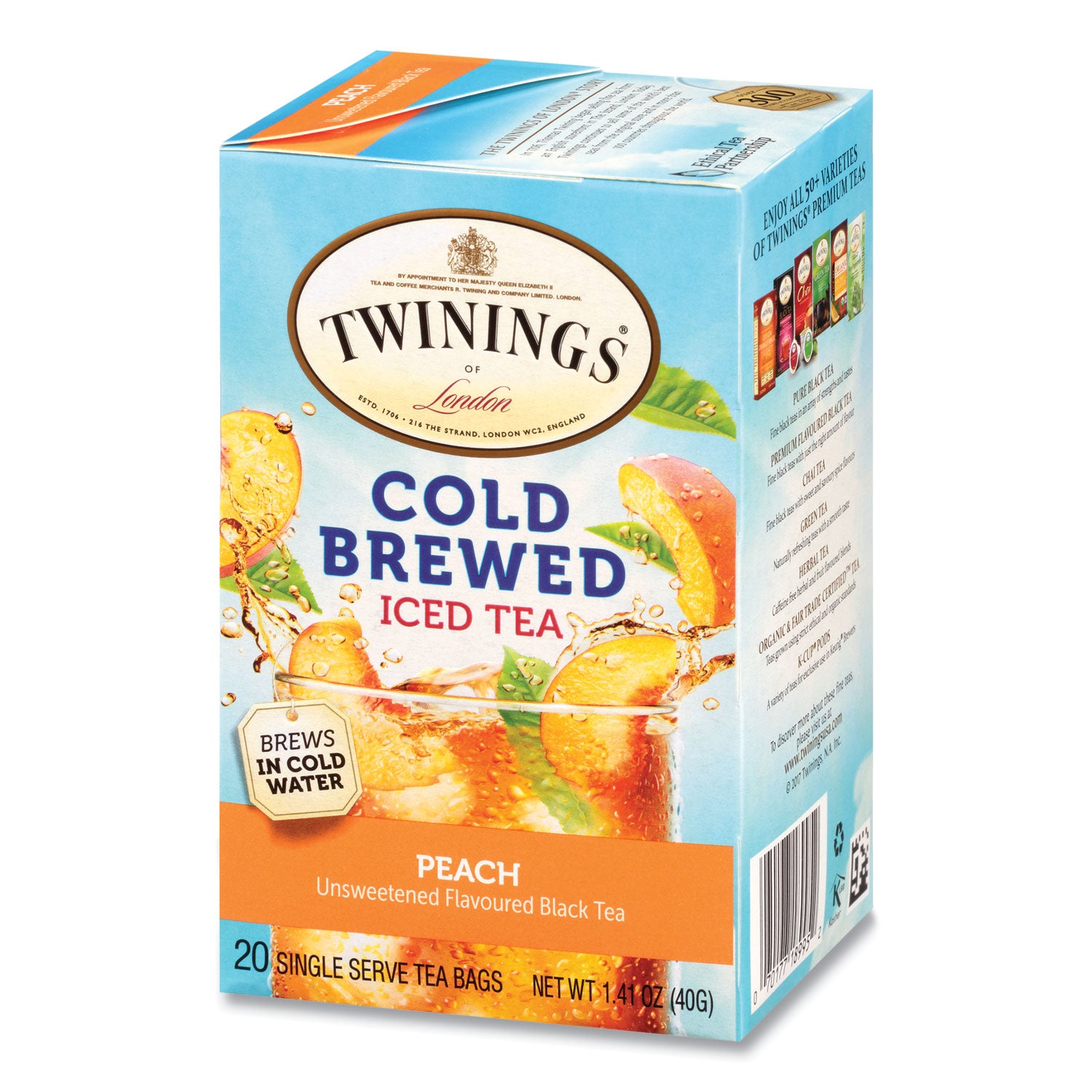 TWININGS Cold Brew Iced Tea Bags, Peach, 0.07 oz Tea Bag, 20/Box (51816)