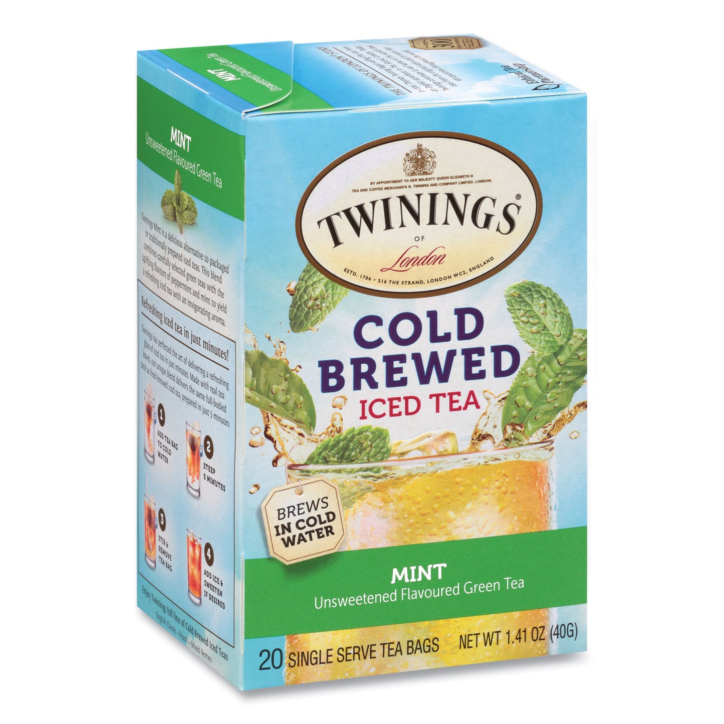 TWININGS Cold Brew Iced Tea Bags, Mint, 0.07 oz Tea Bag, 20/Box (51335)