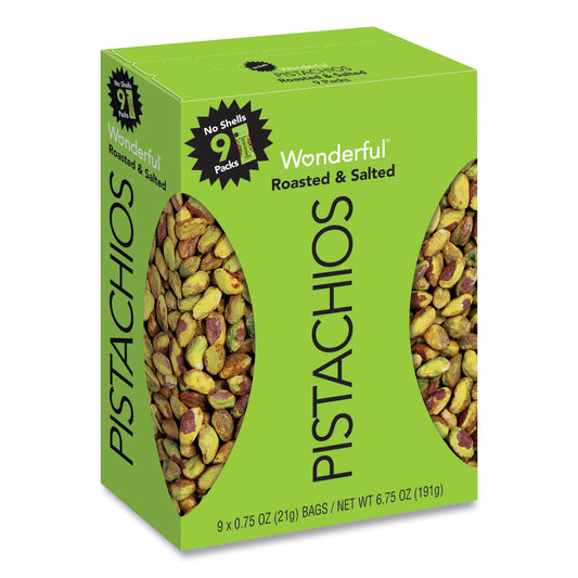 Paramount Farms Wonderful No Shells Pistachios, Roasted and Salted, 0.75 oz Bag, 9 Bags/Box, 4 Boxes/Carton (PAR91100)