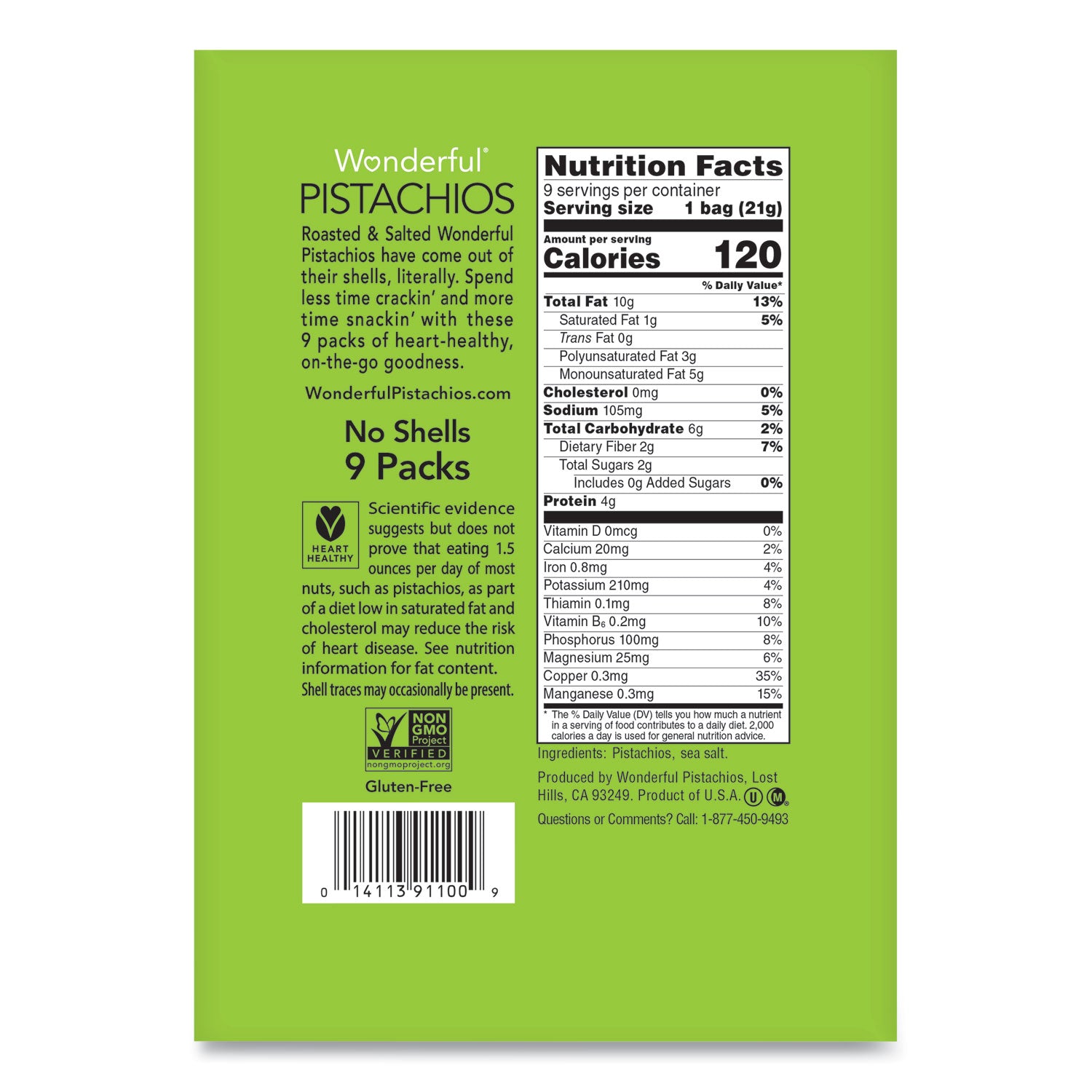 Paramount Farms Wonderful No Shells Pistachios, Roasted and Salted, 0.75 oz Bag, 9 Bags/Box, 4 Boxes/Carton (PAR91100)