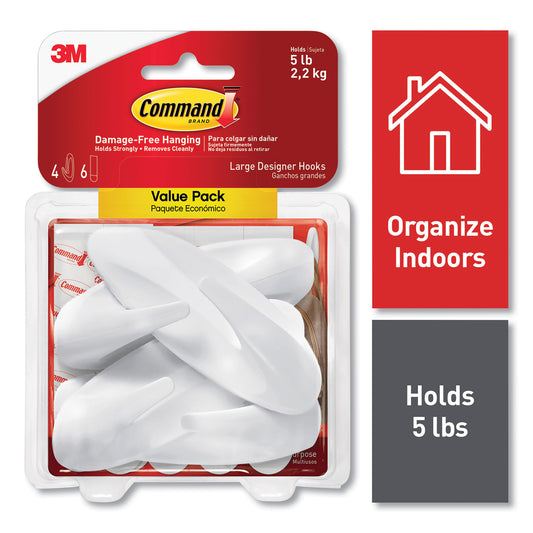 Command General Purpose Hooks, Large, Plastic, White, 5 lb Capacity, 4 Hooks and 6 Strips/Pack (170834ES)