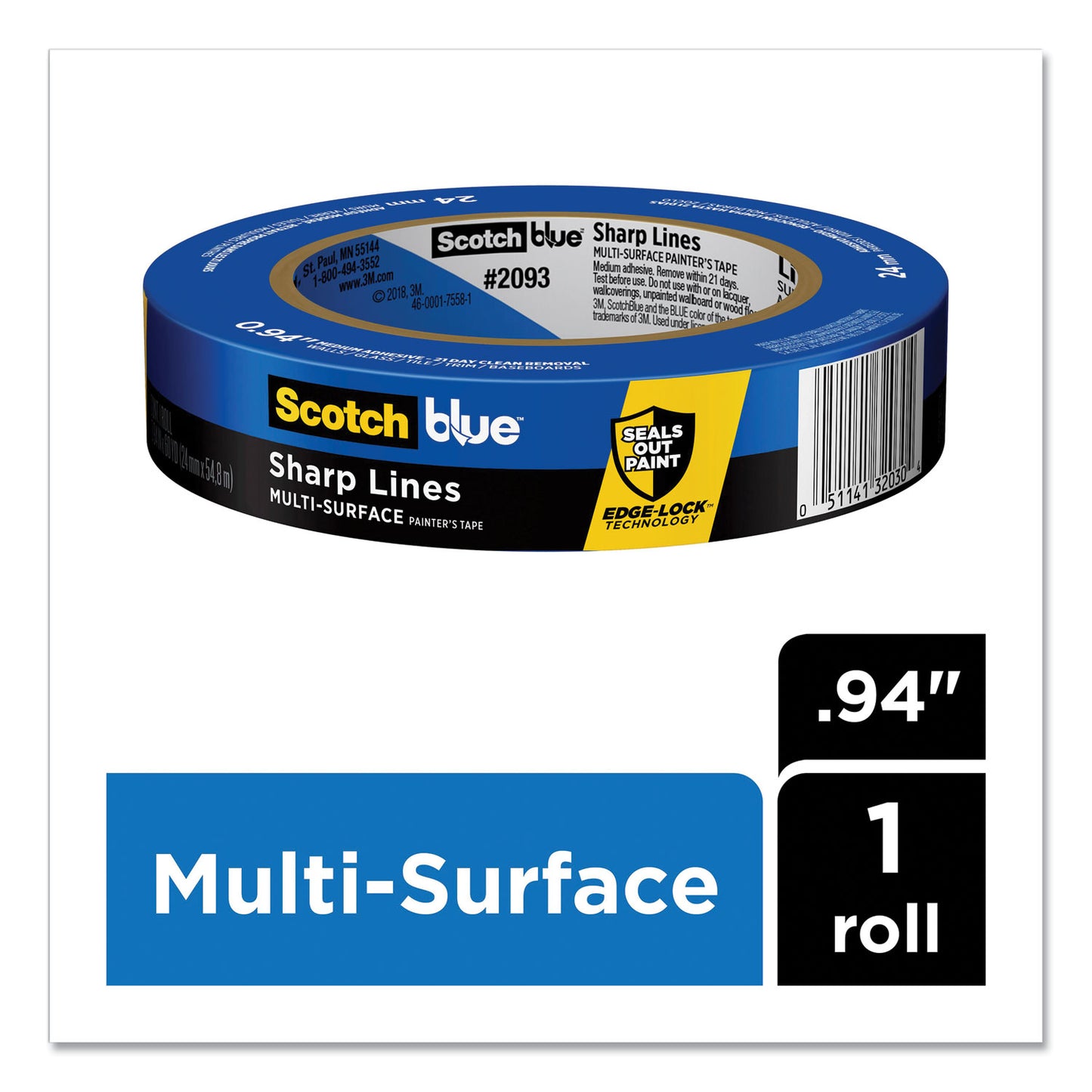 ScotchBlue Sharp Lines Multi-Surface Painter's Tape, 3" Core, 0.94" x 60 yds, Blue (70006578119)