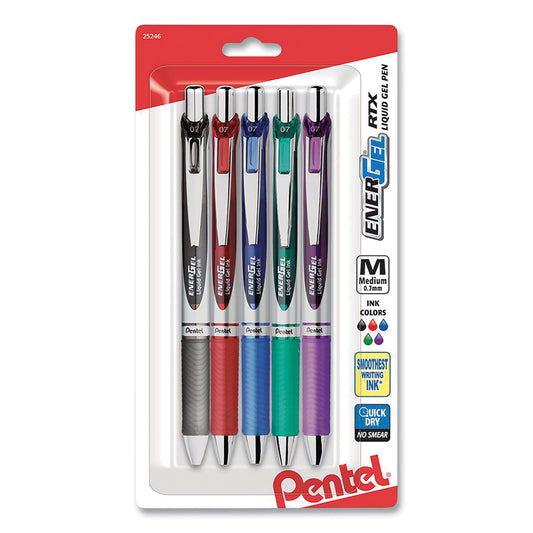 Pentel EnerGel RTX Gel Pen, Retractable, Medium 0.7 mm, Assorted Ink and Barrel Colors, 5/Pack (BL77BP5M)