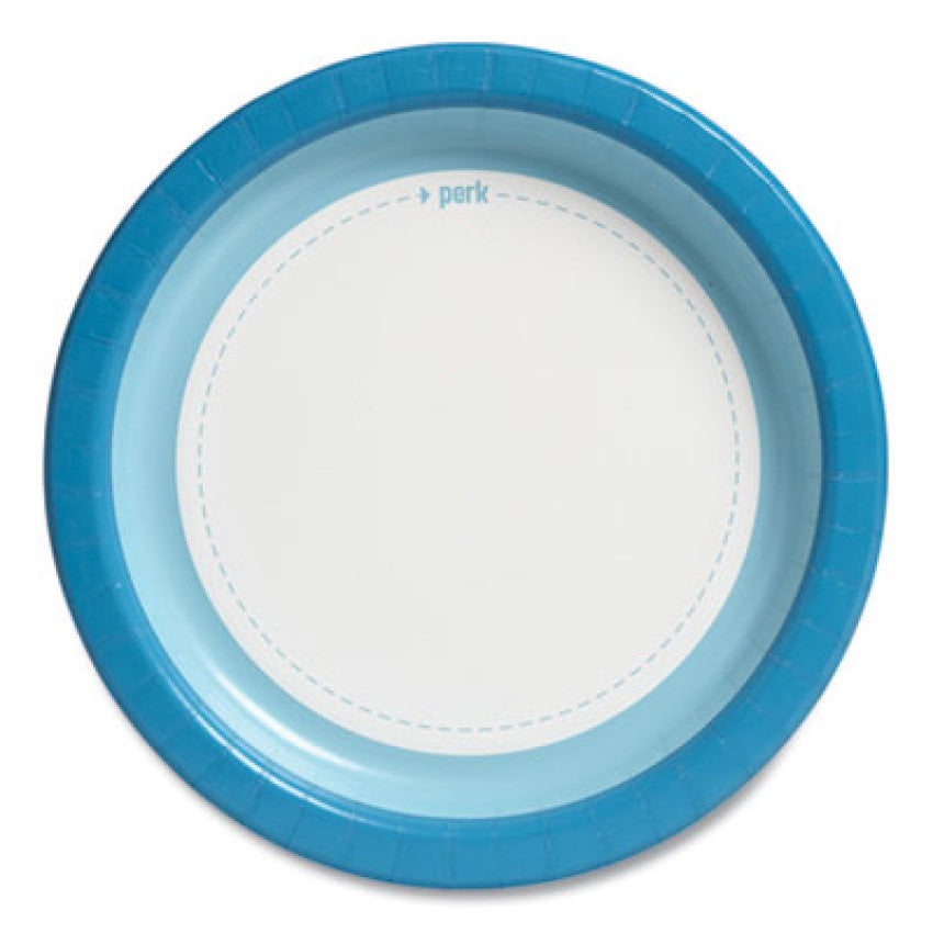 Perk Heavy-Weight Paper Plates, 10" dia, White/Blue, 125 Pack (24375256)