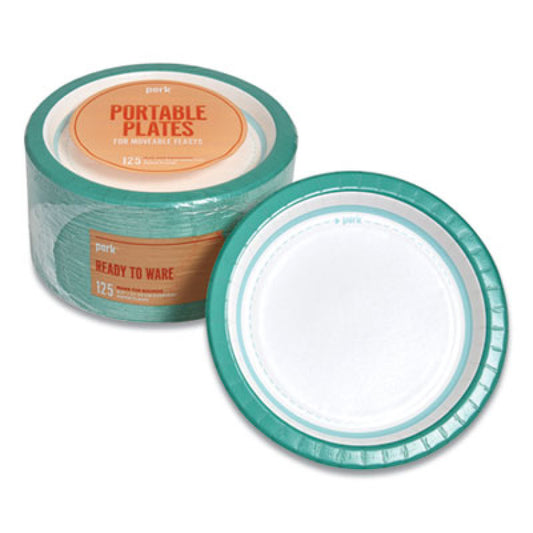 Perk Everyday Paper Plates, 8.5" dia, White/Teal, 125/Pack (24375263)