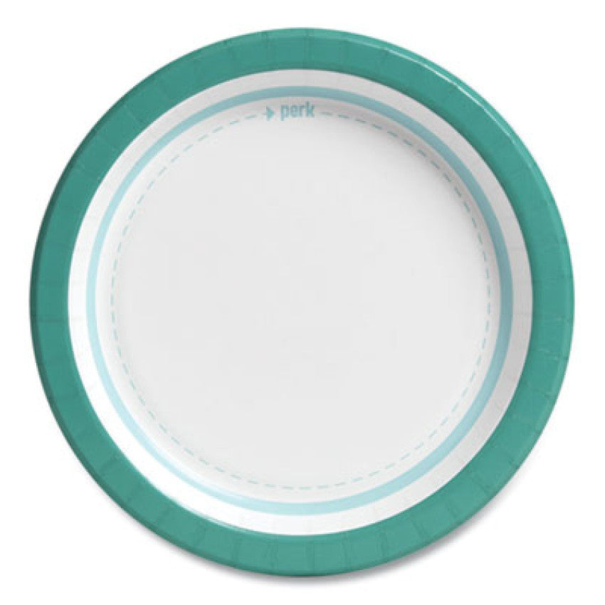 Perk Everyday Paper Plates, 8.5" dia, White/Teal, 125/Pack (24375263)