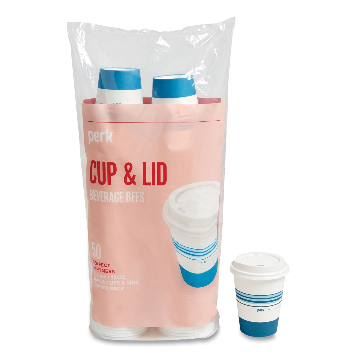 Perk Paper Hot Cup and Plastic Dome Lid Combo, 12 oz, White/Blue, 50 Sets/Pack (24375267)