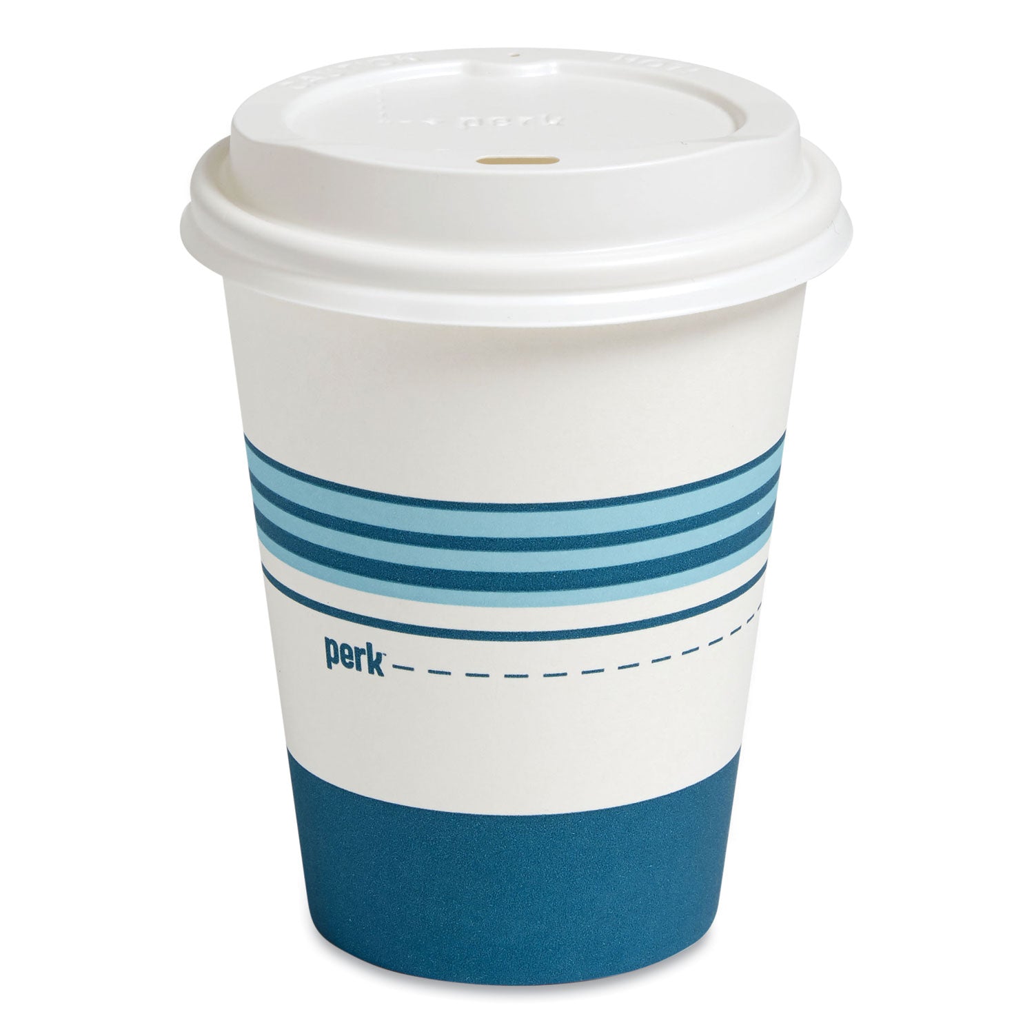 Perk Paper Hot Cup and Plastic Dome Lid Combo, 12 oz, White/Blue, 50 Sets/Pack (24375267)