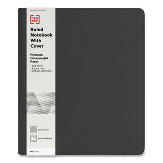 TRU RED Soft-Cover Notebook Folio Set, 1-Subject, Narrow Rule, Black Cover, (80) 11 x 8.5 Sheets (24377280)