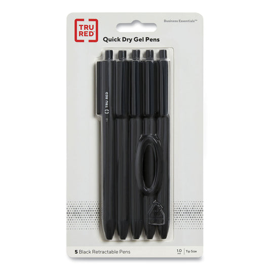 TRU RED Quick Dry Gel Pen, Retractable, Bold 1 mm, Black Ink, Black Barrel, 5/Pack (24399732)