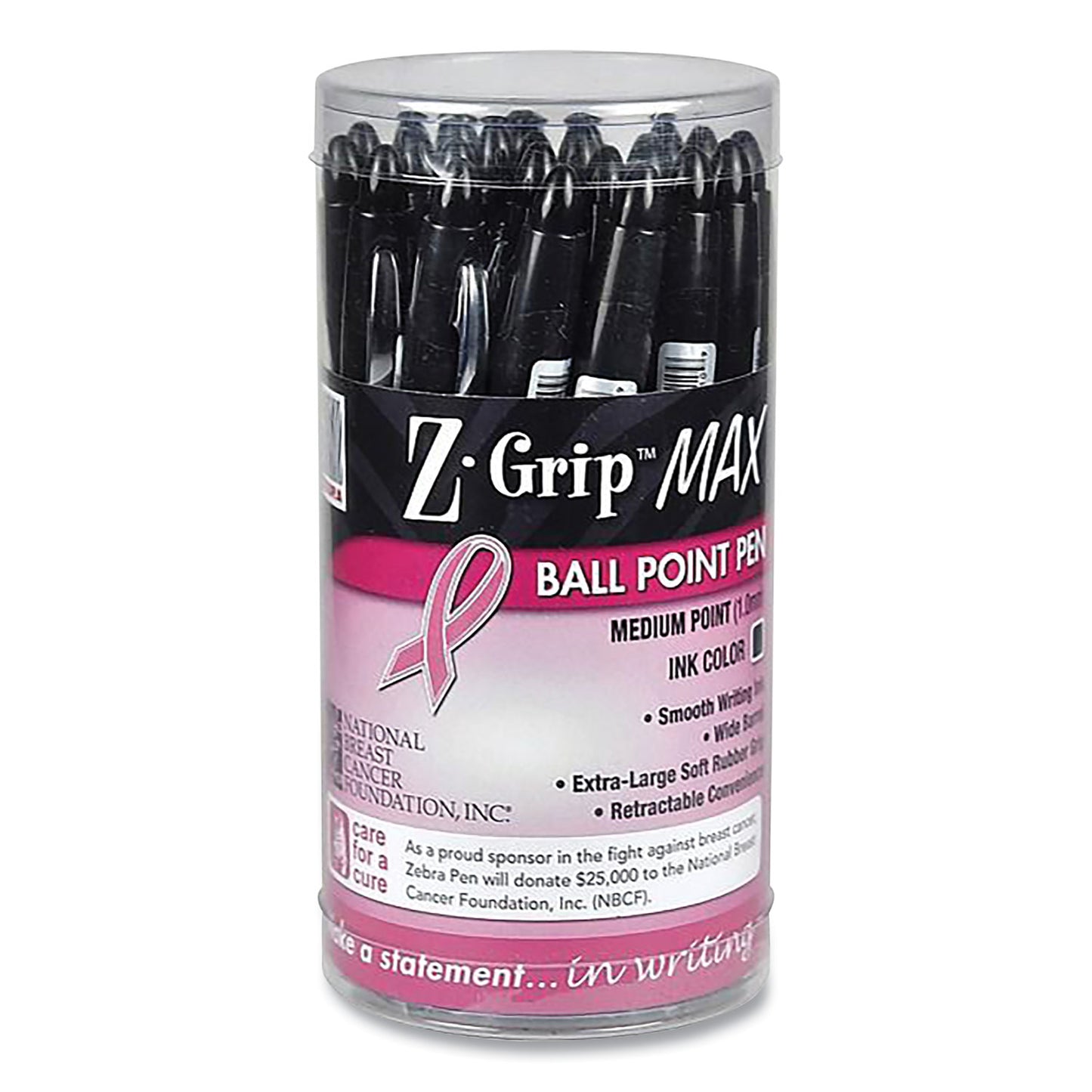 Zebra Z-Grip MAX Breast Cancer Awareness Ballpoint Pen, Retractable, Bold 1.2 mm, Black Ink, Silver/Black Barrel, 24/Pack (32577)