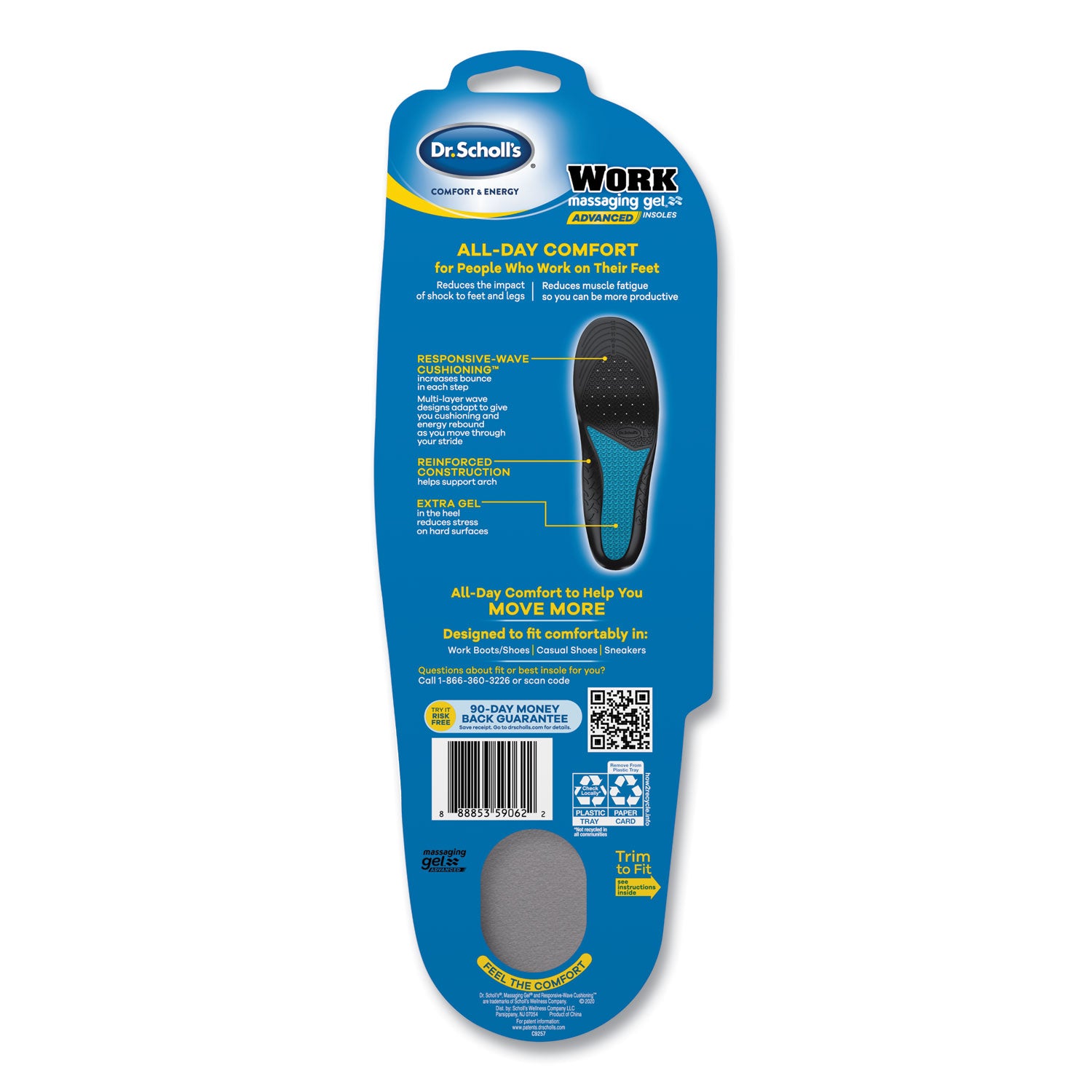 Dr. Scholl's Comfort and Energy Work Massaging Gel Insoles, Men Sizes 8 to 14, Black/Blue, Pair (59062)