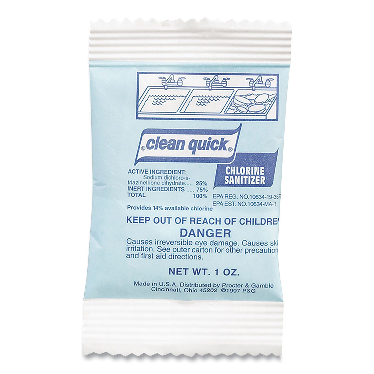 Clean Quick Powdered Chlorine-Based Sanitizer, 1oz Packet, 100/Carton (02584)