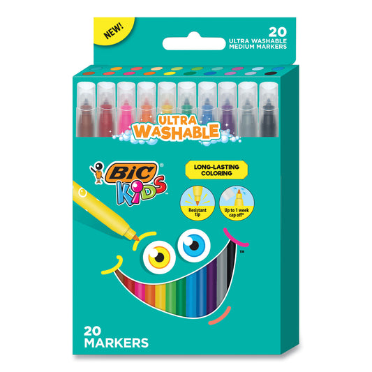 BIC Kids Ultra Washable Markers, Medium Bullet Tip, Assorted Colors, 20/Pack (BKCM20AST)