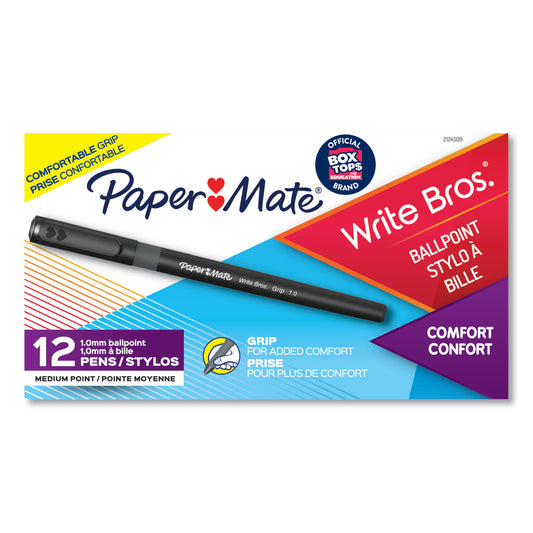 Paper Mate Write Bros. Grip Ballpoint Pen, Stick, Medium 1 mm, Black Ink, Black Barrel, Dozen (2124509)