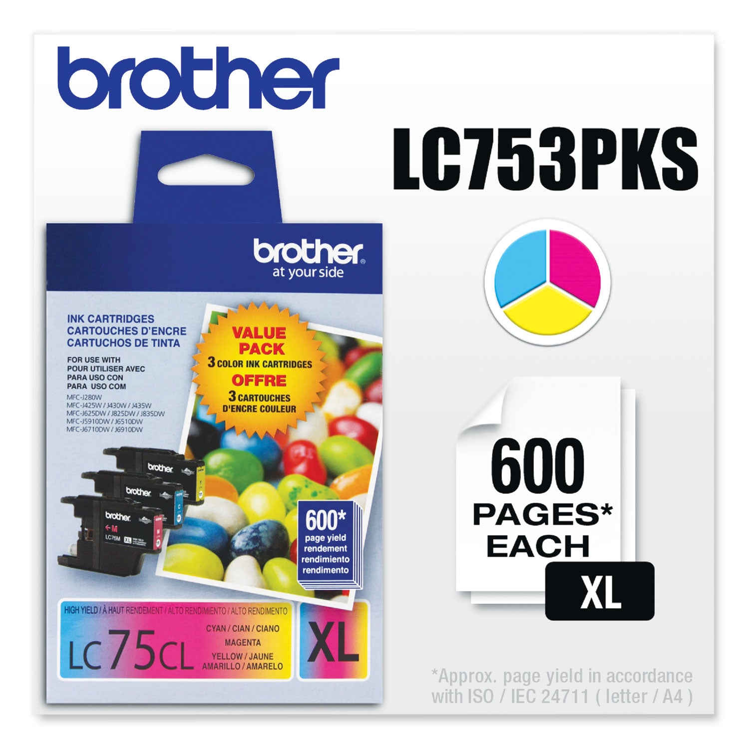 Brother LC753PKS Innobella High-Yield Ink, 600 Page-Yield, Cyan/Magenta/Yellow